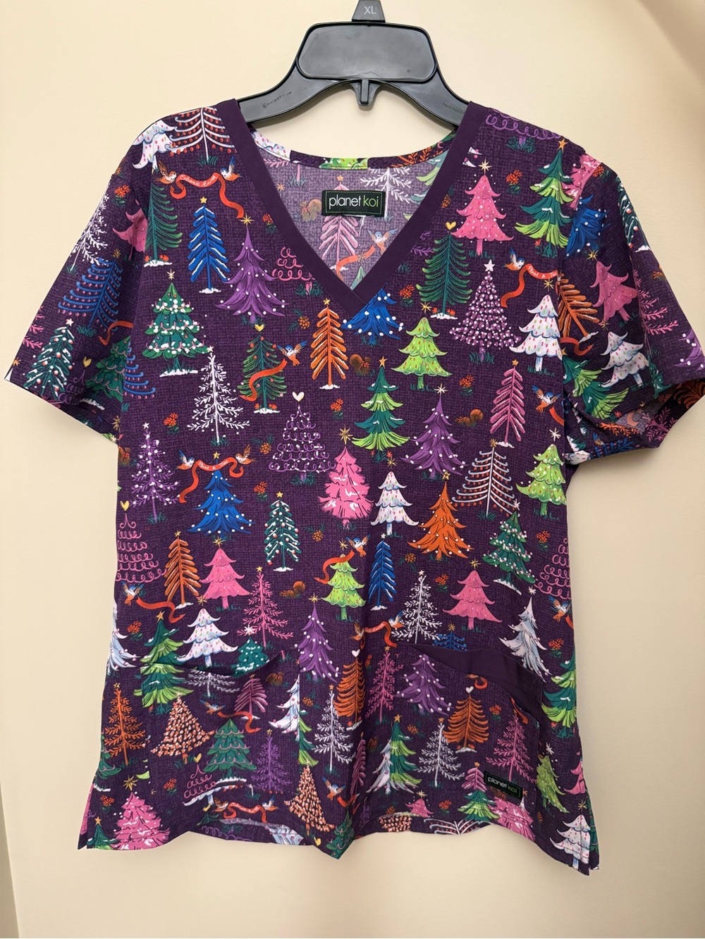Planet Koi Purple Holiday Tree Print Scrub Top